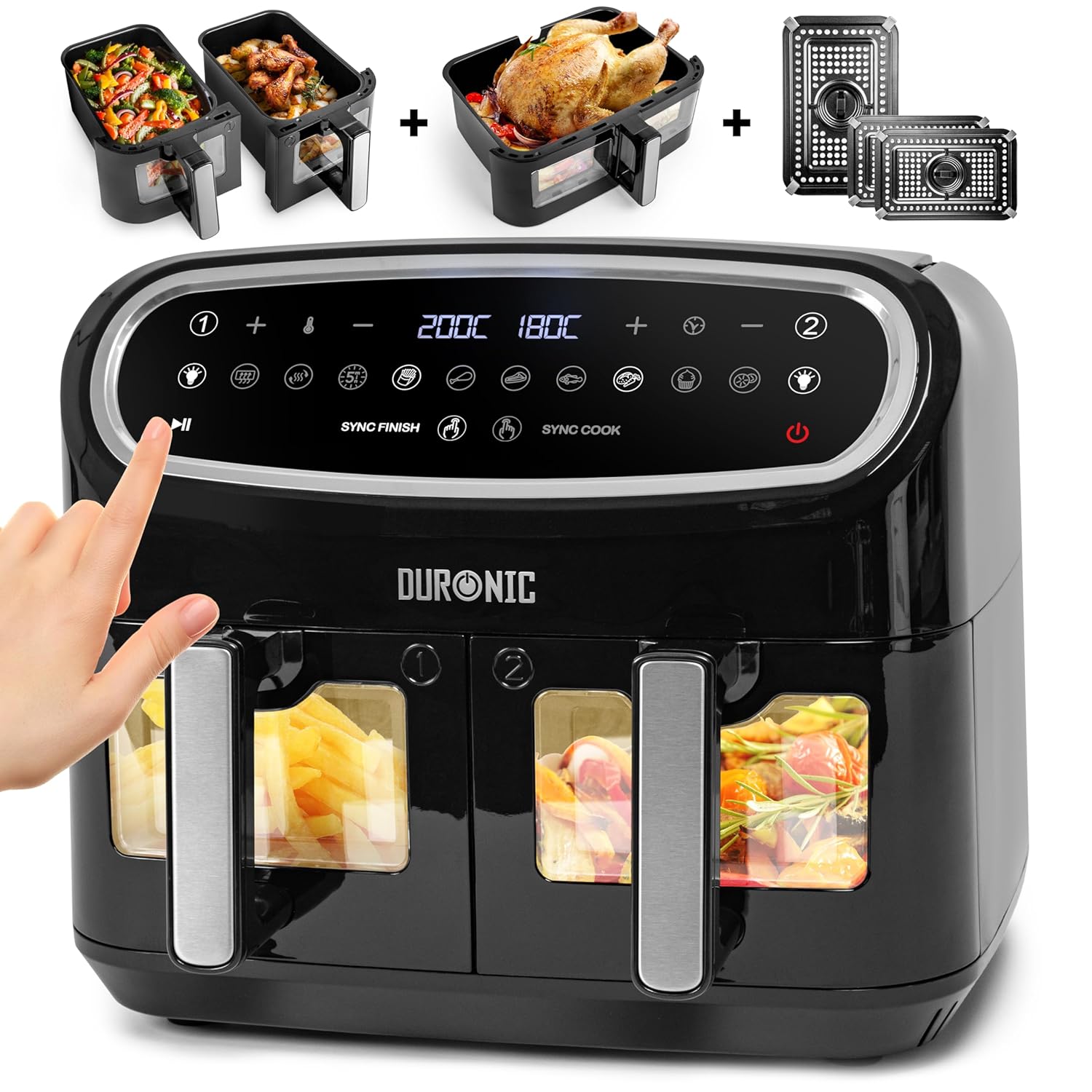 XXL Air Fryer AF34 BK 10L Digital Family Size Air Fryers Oil Free Triple Drawers 10in1 Dual Zone Extra Large AirFryer for Family Cooking with Dishwasher Safe Non-Stick